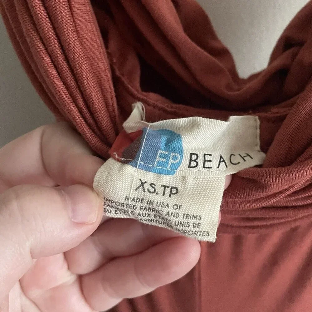 FP Beach SZ XS Terracotta Boho Slinky Tie Straps Cowl Neck All Day Long Jumpsuit